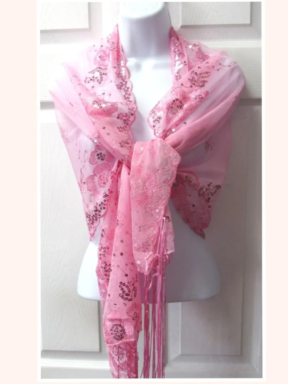 Light Pink Dressy Sequin Sparkle Fringed Scarf Shawl Wrap Wedding Bridal Formal - Picture 3 of 3